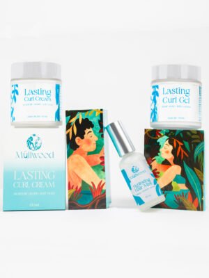 Müllwood curl care set with Lasting Curl Cream, Lasting Curl Gel and Hydrating Hair Mist and illustrated boxes