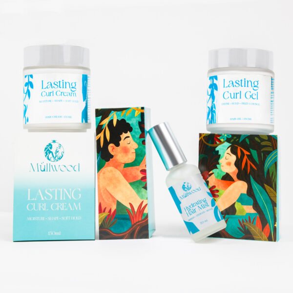 Müllwood curl care set with Lasting Curl Cream, Lasting Curl Gel and Hydrating Hair Mist and illustrated boxes